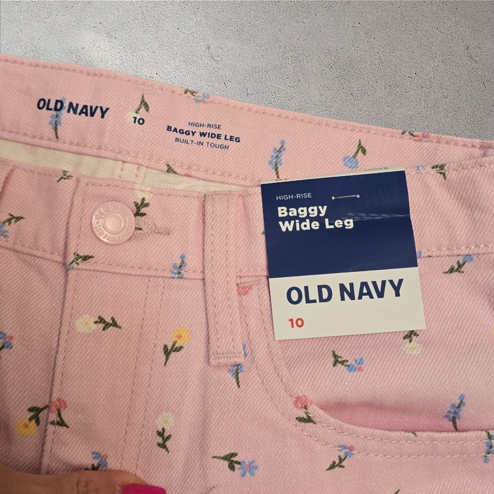 Old Navy Pastel Pink Floral High-Waisted Baggy Wide-Leg Jeans Girls Size 10 - Picture 3 of 10